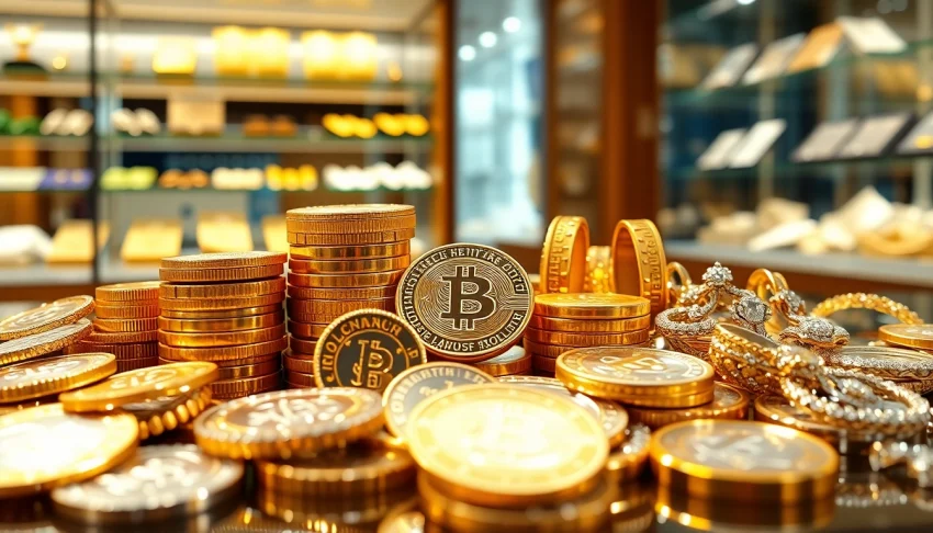 Showcasing various precious metals including gold and silver in an elegant jewelry store.