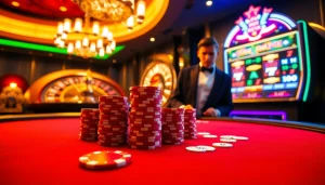 Experience the thrilling atmosphere of gambling with Go99.cheap showcasing poker chips and a roulette wheel.