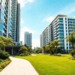 Visualize a luxurious new condo featured on https://newdeveloperlaunch.sg with modern architecture and vibrant surroundings.