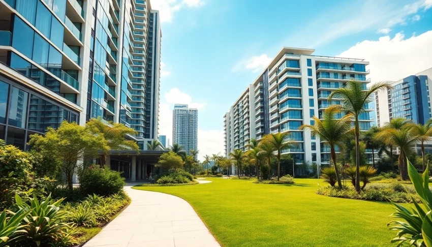 Visualize a luxurious new condo featured on https://newdeveloperlaunch.sg with modern architecture and vibrant surroundings.