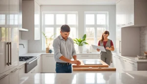 Home renovation project showcasing a modern kitchen transformation with expert craftsmen at work.