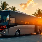 Experience seamless group travel with https://miamicharterbus.com luxury charter bus against a picturesque Miami backdrop.
