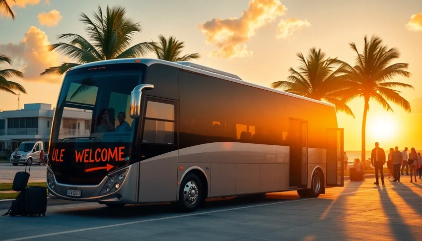 Experience seamless group travel with https://miamicharterbus.com luxury charter bus against a picturesque Miami backdrop.