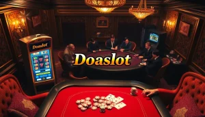 Engaging scene of luxury gambling featuring Doaslot slot machine and poker table action.