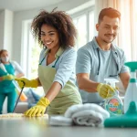 Boost your space with a professional cleaning service team efficiently tidying a bright living room.
