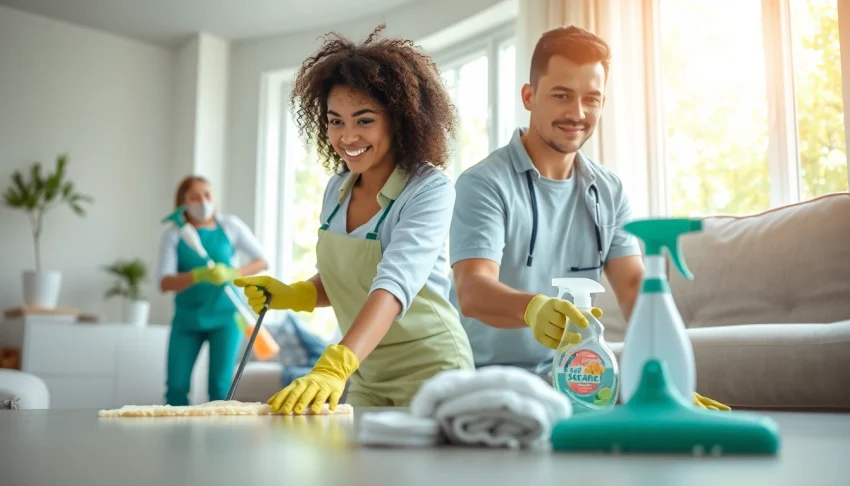 Boost your space with a professional cleaning service team efficiently tidying a bright living room.