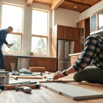 Home renovation - skilled craftsman remodeling a modern kitchen with professional tools and bright lighting