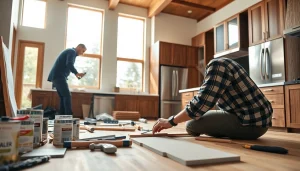 Home renovation - skilled craftsman remodeling a modern kitchen with professional tools and bright lighting