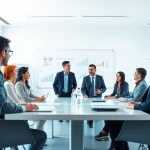 Business team collaborating in a modern office setting with bright lighting and thoughtful engagement.