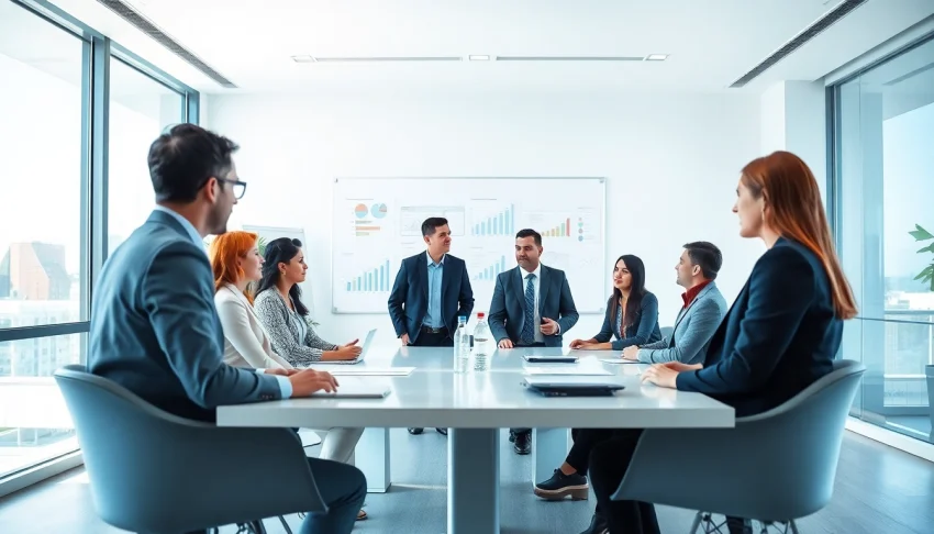 Business team collaborating in a modern office setting with bright lighting and thoughtful engagement.