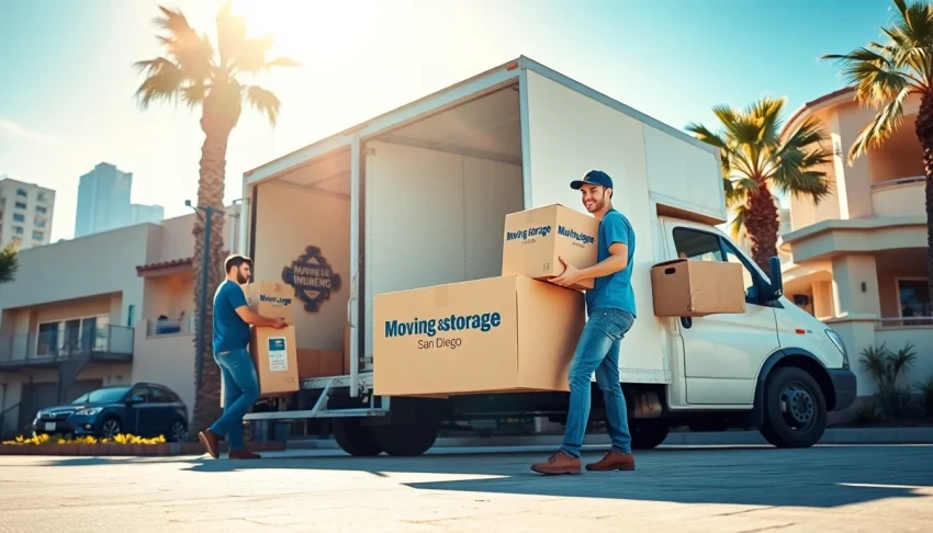 Moving and Storage San Diego: Professional movers loading a truck outside a modern home in sunny California.