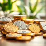 Showcasing precious metals coins and bars with intricate details and natural lighting.