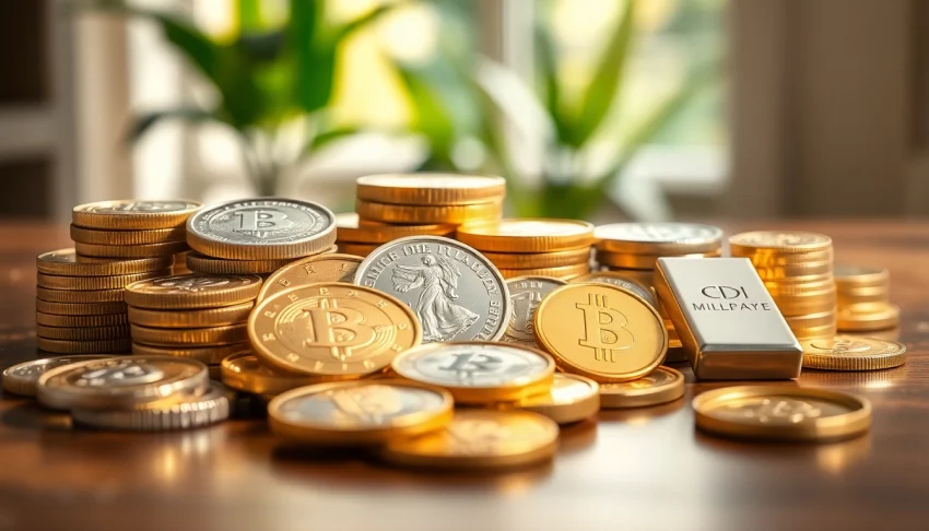 Showcasing precious metals coins and bars with intricate details and natural lighting.