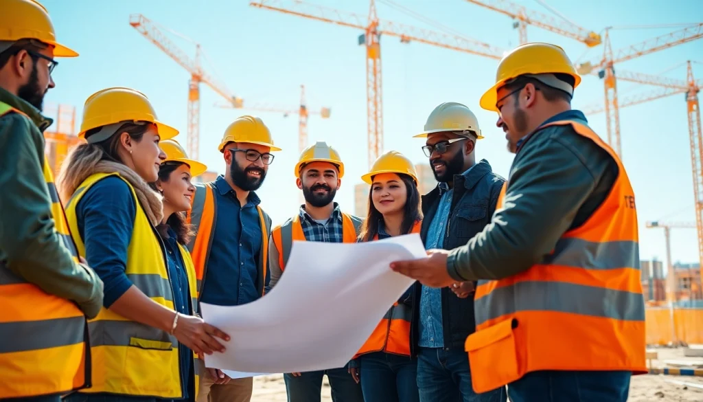 Engaged workforce in the field, showcasing diverse careers in construction on an active job site.