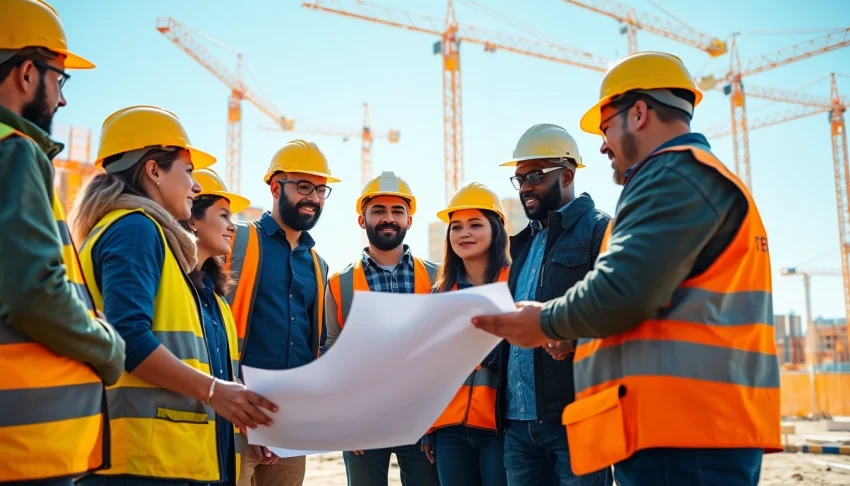 Engaged workforce in the field, showcasing diverse careers in construction on an active job site.