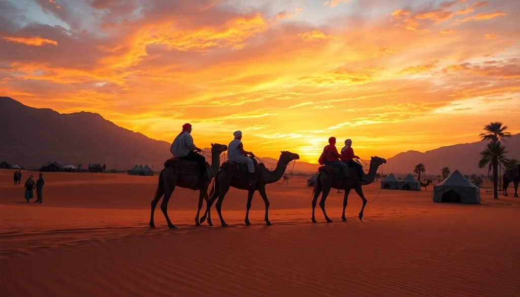 Camel ride Marrakech at sunset in Agafay Desert, showcasing camels and vibrant skies.