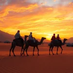 Camel ride Marrakech at sunset in Agafay Desert, showcasing camels and vibrant skies.