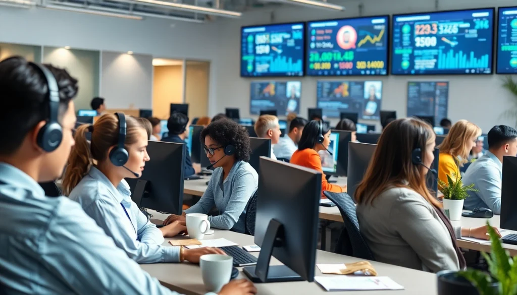 Showcase of call center software professionals collaborating in a vibrant, tech-driven environment.