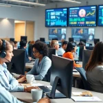 Showcase of call center software professionals collaborating in a vibrant, tech-driven environment.