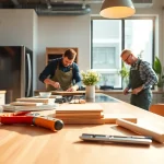 Engaging scene of home renovation showcasing skilled craftsmen working on a kitchen upgrade.