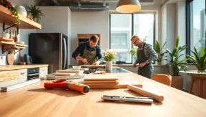Engaging scene of home renovation showcasing skilled craftsmen working on a kitchen upgrade.