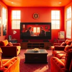 Cozy home theater showcasing classic filme atmosphere with rich decor.