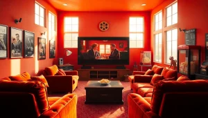 Cozy home theater showcasing classic filme atmosphere with rich decor.