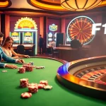 Experience thrilling gameplay at F168 casino with vibrant slot machines and a spinning roulette wheel.