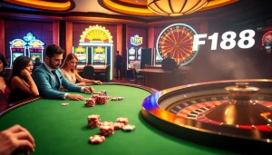 Experience thrilling gameplay at F168 casino with vibrant slot machines and a spinning roulette wheel.