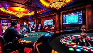 The excitement of betting at 67bett.com.br with luxurious casino elements like poker tables and slot machines.