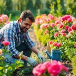 Hands nurturing plants in a beautiful Gardening flower garden.