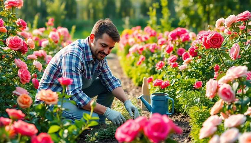 Hands nurturing plants in a beautiful Gardening flower garden.