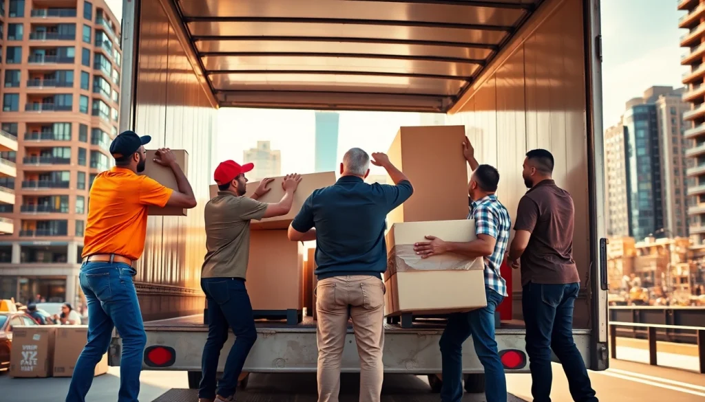 Team of movers Edmonton loading furniture into a truck, showcasing teamwork and professionalism.