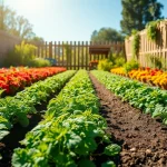 Gardening scene with vibrant plants showcasing techniques for growing herbs and vegetables.
