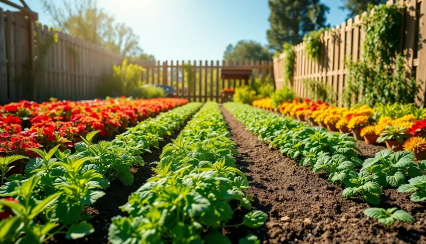 Gardening scene with vibrant plants showcasing techniques for growing herbs and vegetables.