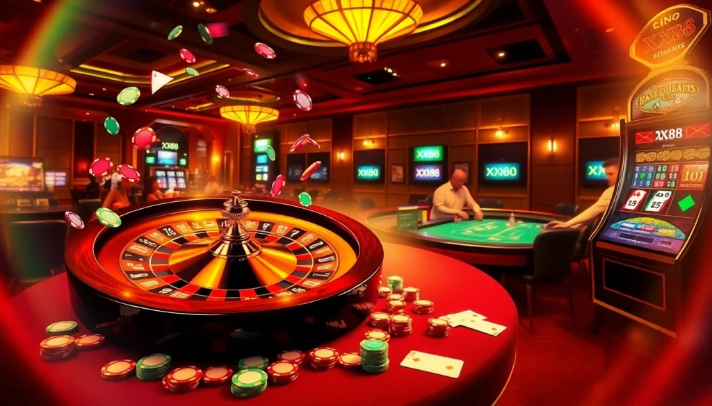 Experience the excitement of gambling with XX88 at a luxurious casino featuring roulette, cards, and vibrant ambiance.