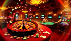 Experience the excitement of gambling with XX88 at a luxurious casino featuring roulette, cards, and vibrant ambiance.