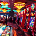 Menggambarkan walettoto dalam suasana kasino dengan mesin slot berwarna-warni dan pemain yang bersemangat.