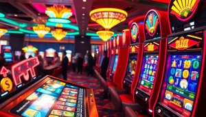 Menggambarkan walettoto dalam suasana kasino dengan mesin slot berwarna-warni dan pemain yang bersemangat.