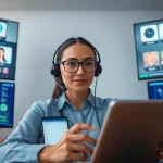 On-demand interpretation services demonstrated by a professional interpreter using modern technology for real-time communication.