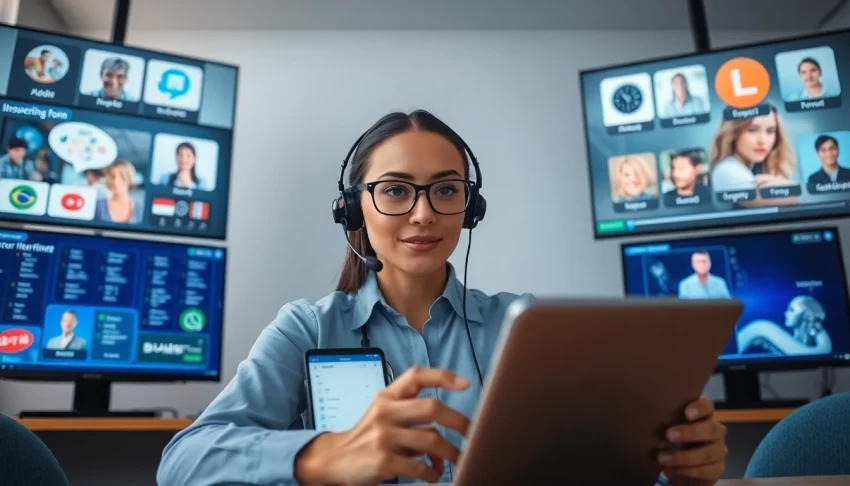 On-demand interpretation services demonstrated by a professional interpreter using modern technology for real-time communication.