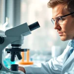 Examining lab-tested peptides under a microscope in a professional lab setting.