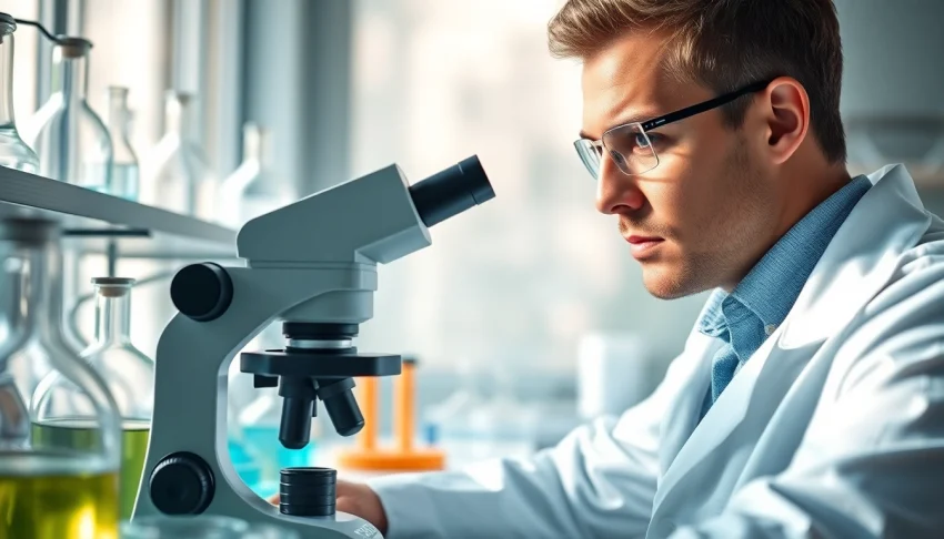 Examining lab-tested peptides under a microscope in a professional lab setting.