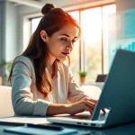 Anne Duboc.fr: vue inspirante d'un espace de travail numérique moderne avec une femme concentrée.