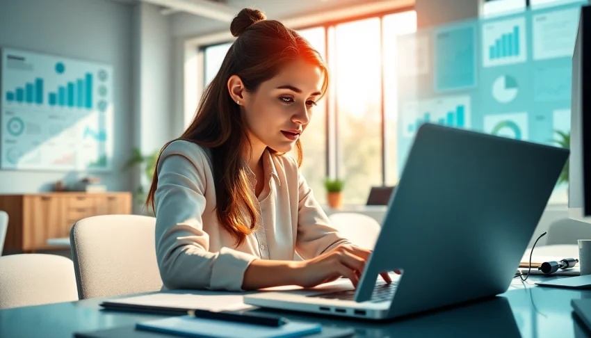 Anne Duboc.fr: vue inspirante d'un espace de travail numérique moderne avec une femme concentrée.