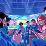 Players enjoying Jawal Games on mobile devices in a vibrant gaming environment.