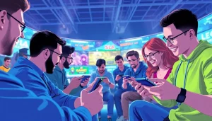 Players enjoying Jawal Games on mobile devices in a vibrant gaming environment.