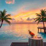 Luxury travel destinations featuring a stunning overwater villa at sunset, showcasing tranquility and exquisite beauty.