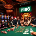 Hi88 players enjoy an exciting casino experience with vibrant poker and slot games in view.