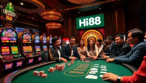Hi88 players enjoy an exciting casino experience with vibrant poker and slot games in view.